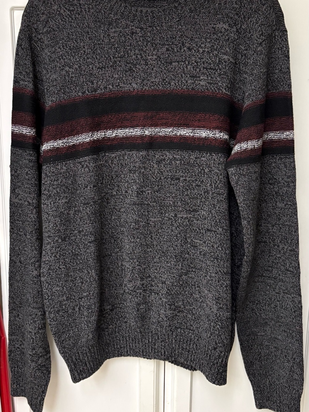 urban pipeline Grey Crewneck Sweater with Burgundy, Black and Silver Stripes